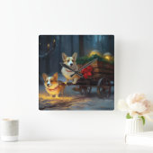 Horloge Carrée Décor de Noël Corgi Snowy Sleigh (Maison)