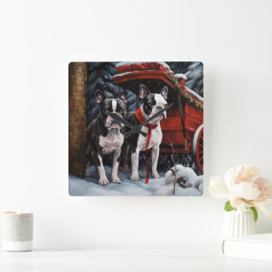 Horloge Carrée Décor de Noël de Boston Terrier Snowy Sleigh