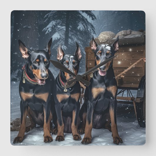 Horloge Carrée Décor de Noël Doberman Snowy Sleigh (Recto)