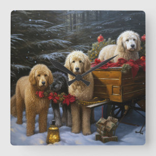 Horloge Carrée Décor de Noël Goldendoodle Snowy Sleigh
