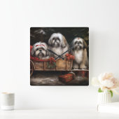 Horloge Carrée Décor de Noël Lhasa Apso Snowy Sleigh (Maison)