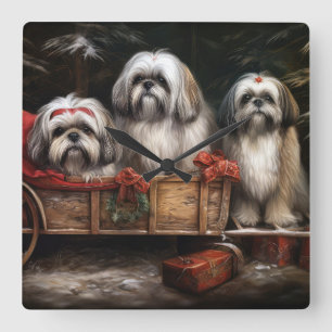 Horloge Carrée Décor de Noël Lhasa Apso Snowy Sleigh