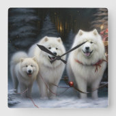 Horloge Carrée Décor de Noël Samoyed Snowy Sleigh (Recto)