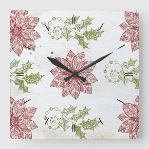 Horloge Carrée Décor design Fleur de Noël Vintage