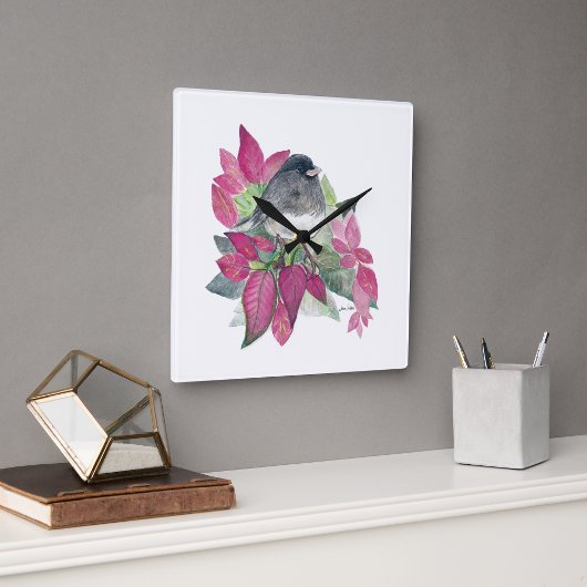 Horloge Carrée Décor du mur d'aquarelle Junco Bird