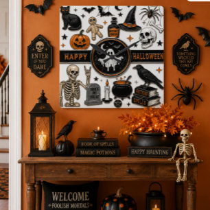Horloge Carrée Décor Halloween Fantômes, Squelette