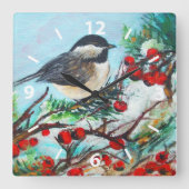 Horloge Carrée Décor mural Peinture d'Oiseau De Chickadee Doux (Recto)