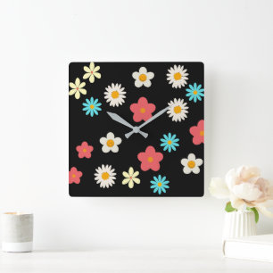 Horloge Carrée Décor noir Bold Y2K Fleur sauvage vibrant