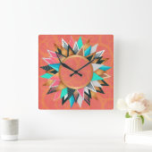 Horloge Carrée Décor Sud-Ouest Aztèque rose or turquoise (Maison)