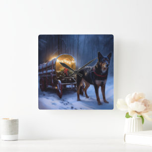 Horloge Carrée Décoration de Noël Australian Kelpie Snowy Sleigh