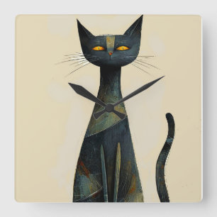Horloge Carrée Décoration murale de chat noir long drôle minimali