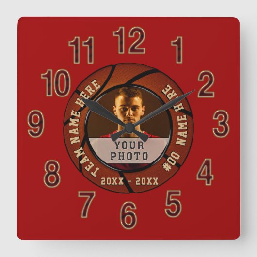 Horloge Carrée Deep Red Photo et Personalized Basketball Clock (Recto)