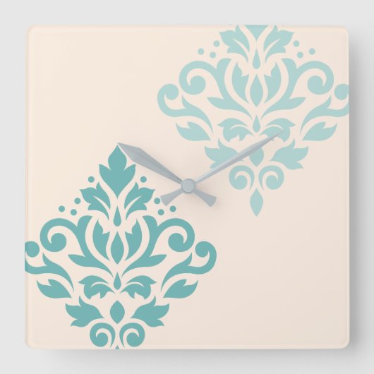 Horloge Carrée Défiler Damask Art I Teals on Cream (Recto)