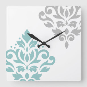 Horloge Carrée Défiler Damask Art I Turquoise & gris sur blanc