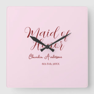 Horloge Carrée Demoiselle d'honneur mauve nom date rose pastel ma
