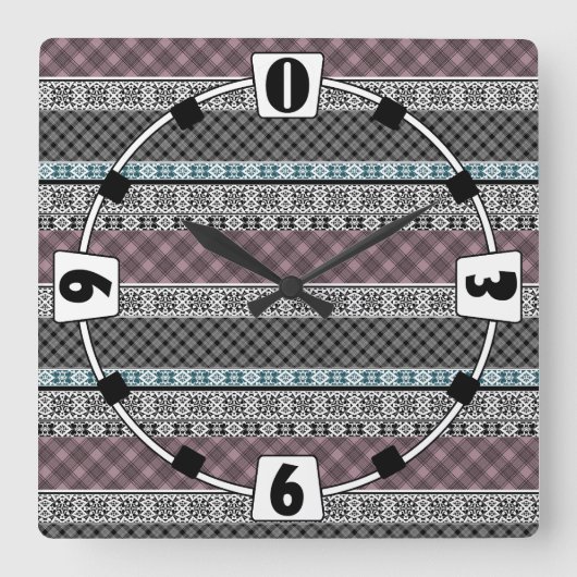 Horloge Carrée Dentelle patchwork noir et blanc (Recto)