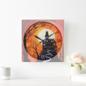 Horloge Carrée Déplaisant Haunted House chiffres romains (Maison)