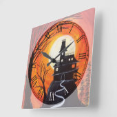 Horloge Carrée Déplaisant Haunted House chiffres romains (Angle)