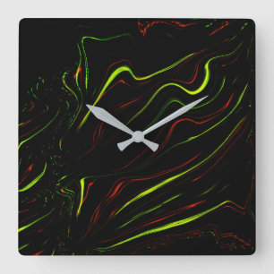 Horloge Carrée Des traces ondulées vertes et rouges sur fond noir