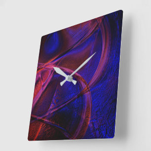 Horloge Carrée Des traits courbés sur une croûte rouge et bleue s