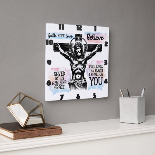 Horloge Carrée Description complexe de Jésus sur la croix (Bureau)