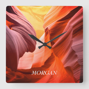 Horloge Carrée Desert Slot Canyon ou Your Photo, White Name