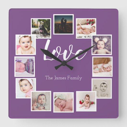 Horloge Carrée Design a 12 Photo Collage Personalized Purple (Recto)