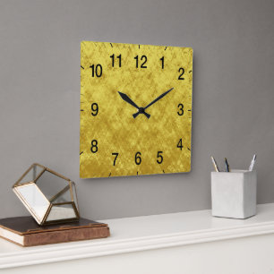 Horloge Carrée Design abstrait plaqué or et feuille jaune