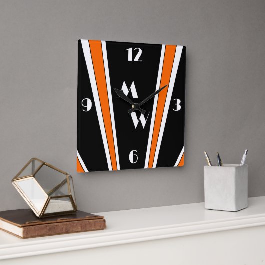 Horloge Carrée Design Art Déco Noir Et Orange Monogramme (Bureau)