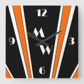 Horloge Carrée Design Art Déco Noir Et Orange Monogramme (Recto)