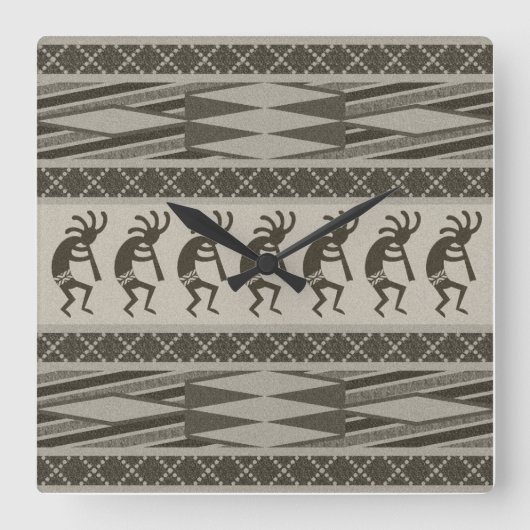 Horloge Carrée Design Aztèque Gris Et Noir Kokopelli (Recto)