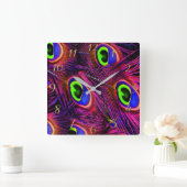 Horloge Carrée Design de texture de plumes de paon rose et violet (Maison)