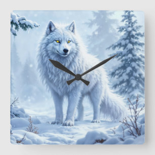 Horloge Carrée Design du paysage hivernal du loup blanc arctique