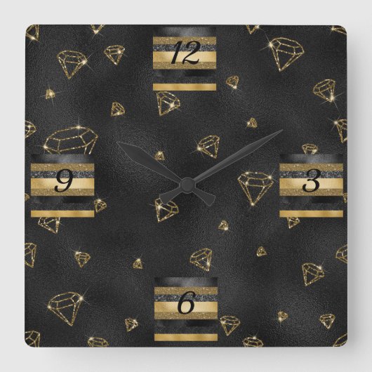 Horloge Carrée Design élégant en diamants noir et or (Recto)
