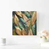 Horloge Carrée Design Feuille Tropical Vert Or Quilé (Maison)