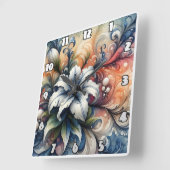 Horloge Carrée Design Floral Abstrait Avec Lily Blanche (Angle)