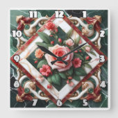 Horloge Carrée Design Floral Élégant Avec Écran Rose Peint (Recto)