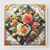 Horloge Carrée Design Floral rose Avec Accents Or (Recto)