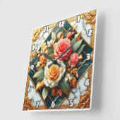 Horloge Carrée Design Floral rose Avec Accents Or (Angle)