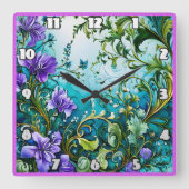 Horloge Carrée Design Floral Violet Avec Verdure (Recto)