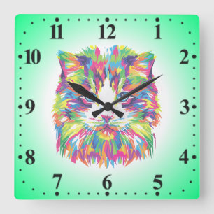Horloge Carrée Design Géométrique Prismatique Visage de Chat-3245