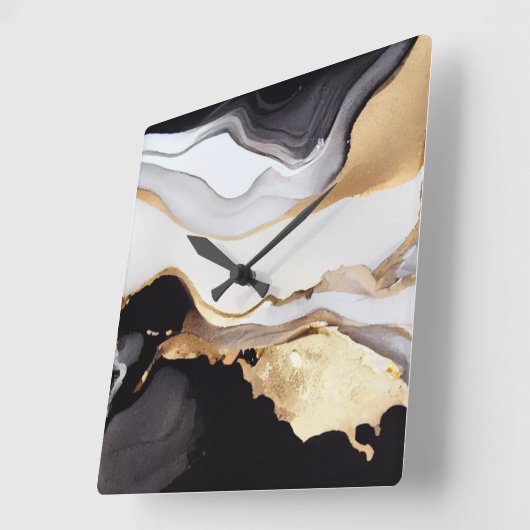 Horloge Carrée Design luxueux en marbre noir blanc et or (Angle)