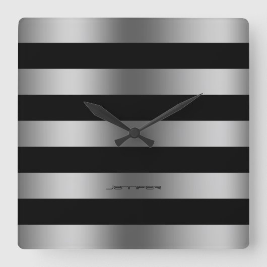 Horloge Carrée Design moderne Gris Argent Sur Arrière - plan Noir (Recto)