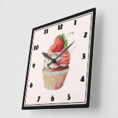 Horloge Carrée Dessert sucré à la fraise Cupcake (Angle)