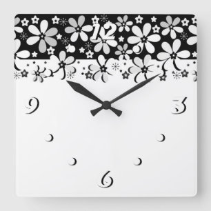 Horloge Carrée dessin animé blanc noir Abstrait fleurs design flo