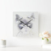 Horloge Carrée Dessin crayon de chat (Maison)