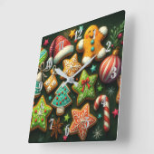 Horloge Carrée Dessin de balaie Cookies de Noël décorés Vert (Angle)