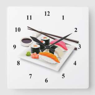 Horloge Carrée Dessin de caricature en sushi japonais
