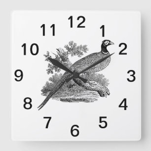 Horloge Carrée Dessin de faisan vintage en noir et blanc