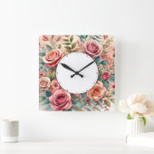 Horloge Carrée dessin de fleurs (Maison)